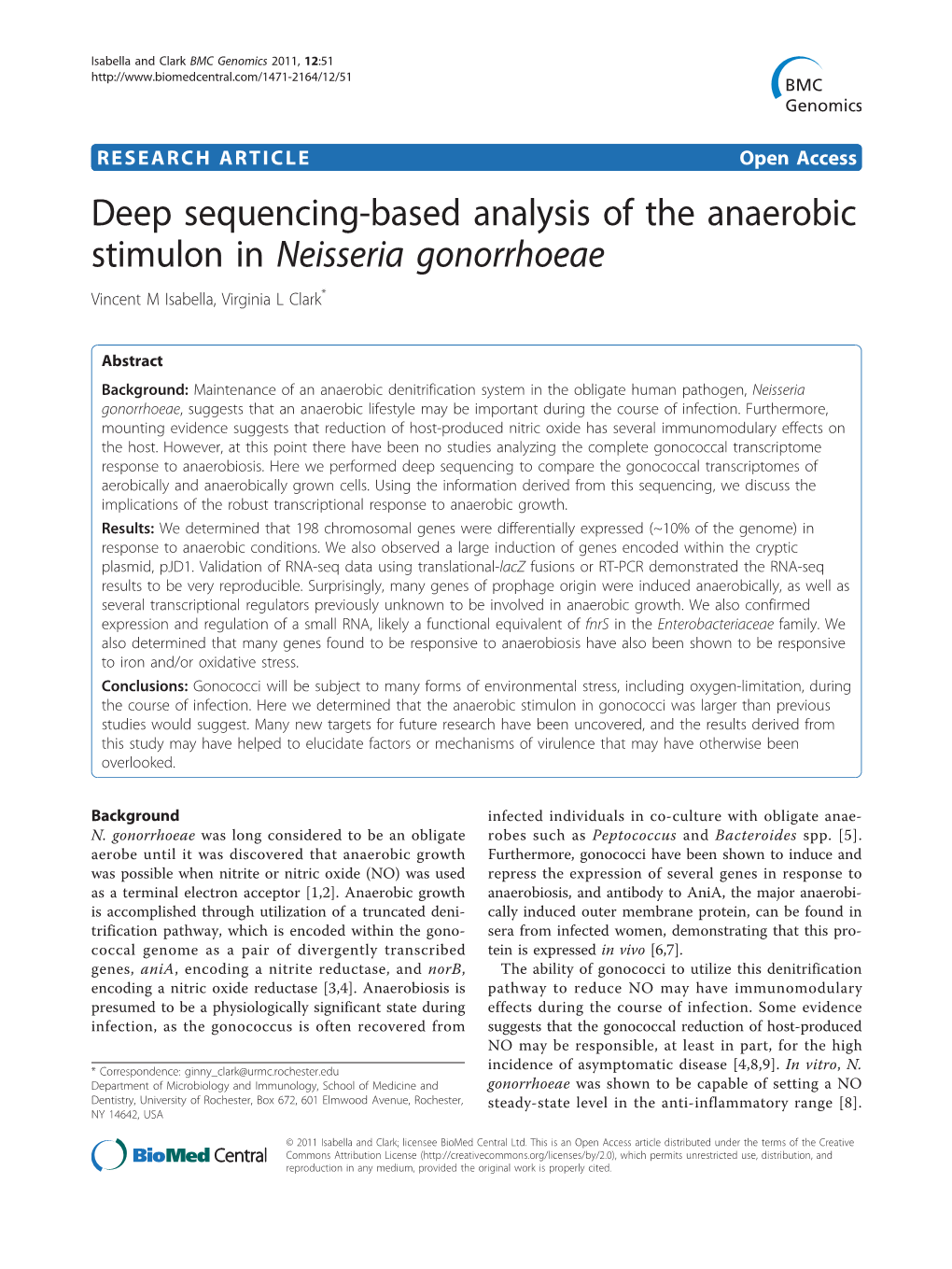 Deep Sequencing-Based Analysis of the Anaerobic Stimulon in Neisseria Gonorrhoeae Vincent M Isabella, Virginia L Clark*