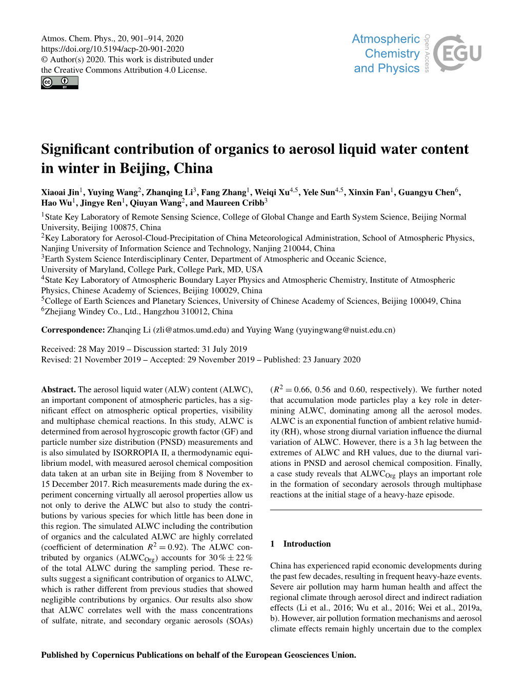 Significant Contribution of Organics to Aerosol Liquid Water Content In