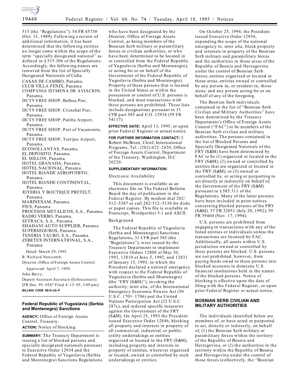 Federal Register / Vol. 60, No. 74 / Tuesday, April 18, 1995 / Notices