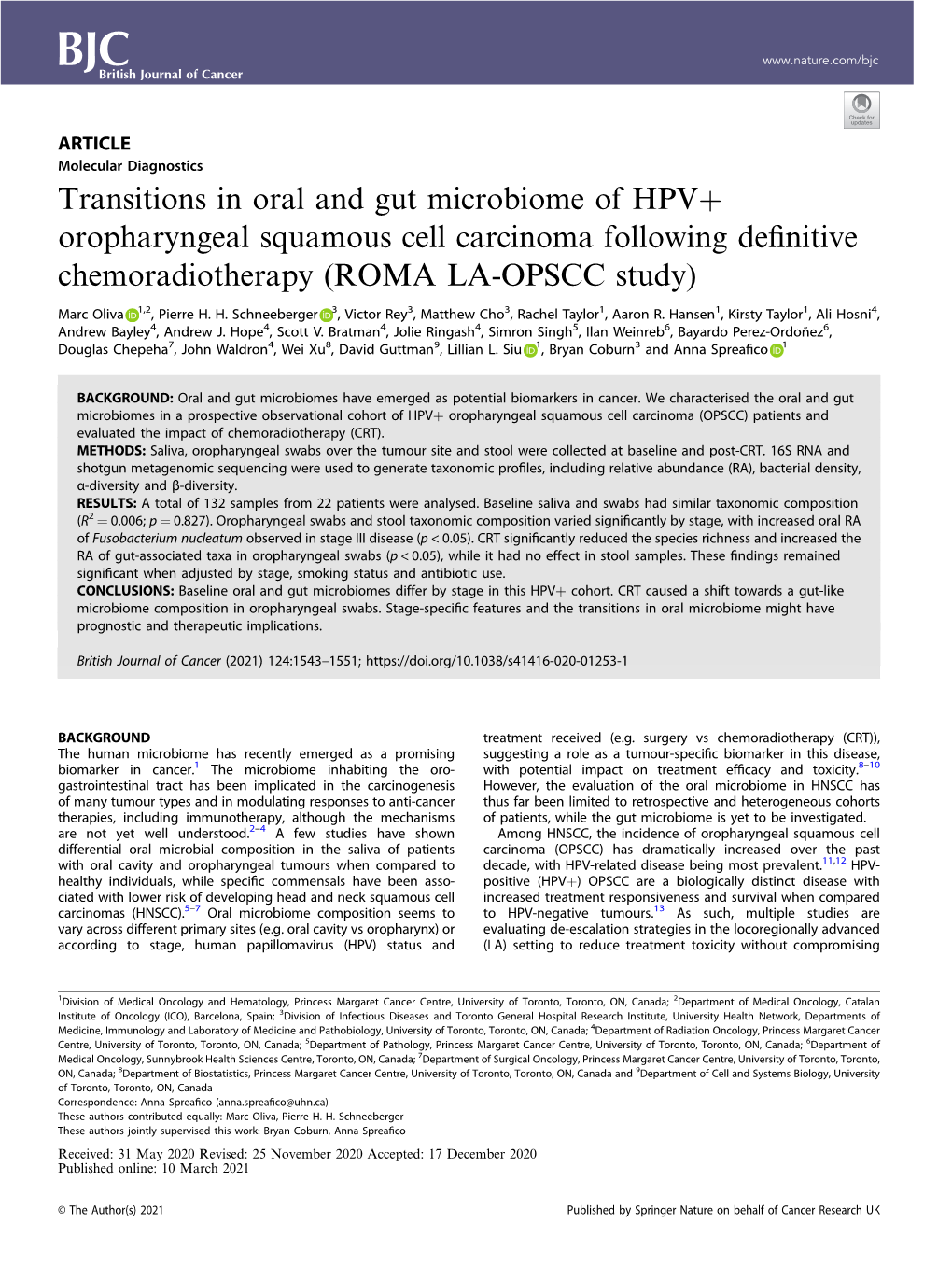 Transitions in Oral and Gut Microbiome of HPV+ Oropharyngeal Squamous Cell Carcinoma Following Deﬁnitive Chemoradiotherapy (ROMA LA-OPSCC Study)