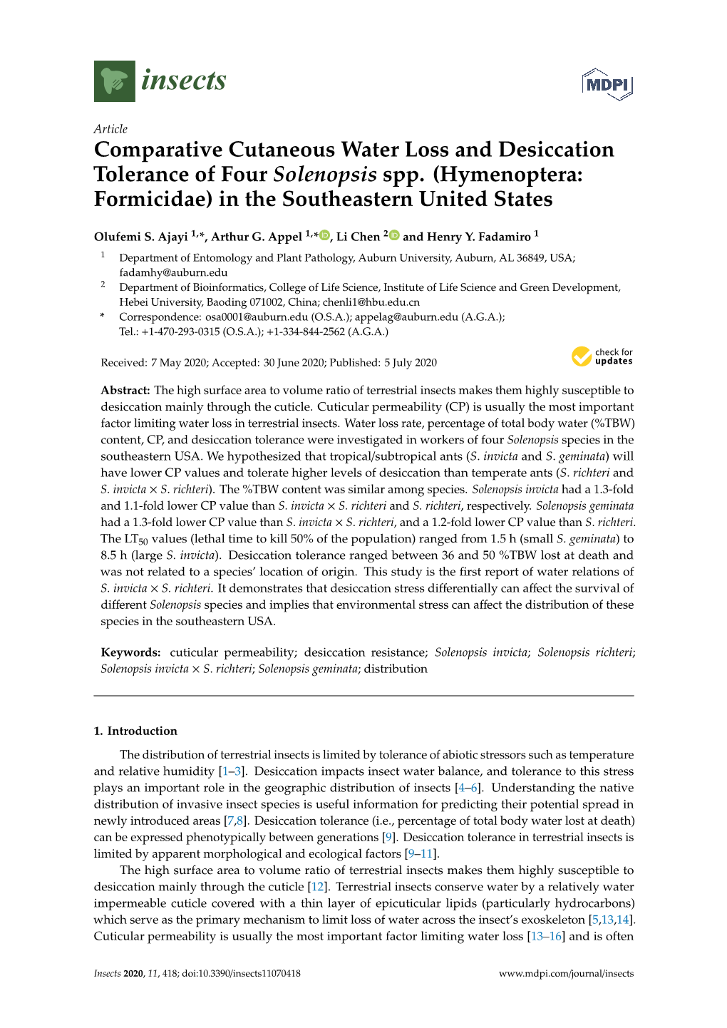 Comparative Cutaneous Water Loss and Desiccation Tolerance of Four Solenopsis Spp