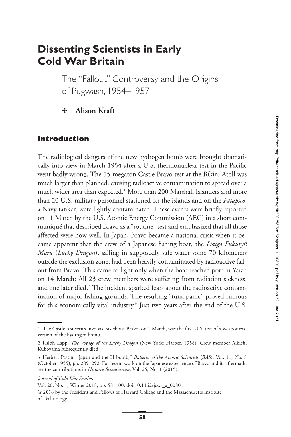 Dissenting Scientists in Early Cold War Britain the “Fallout” Controversy and the Origins of Pugwash, 1954–1957