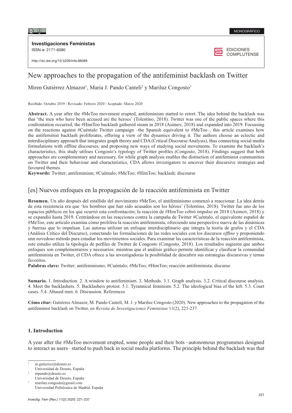 New Approaches to the Propagation of the Antifeminist Backlash on Twitter Miren Gutiérrez Almazor1, Maria J