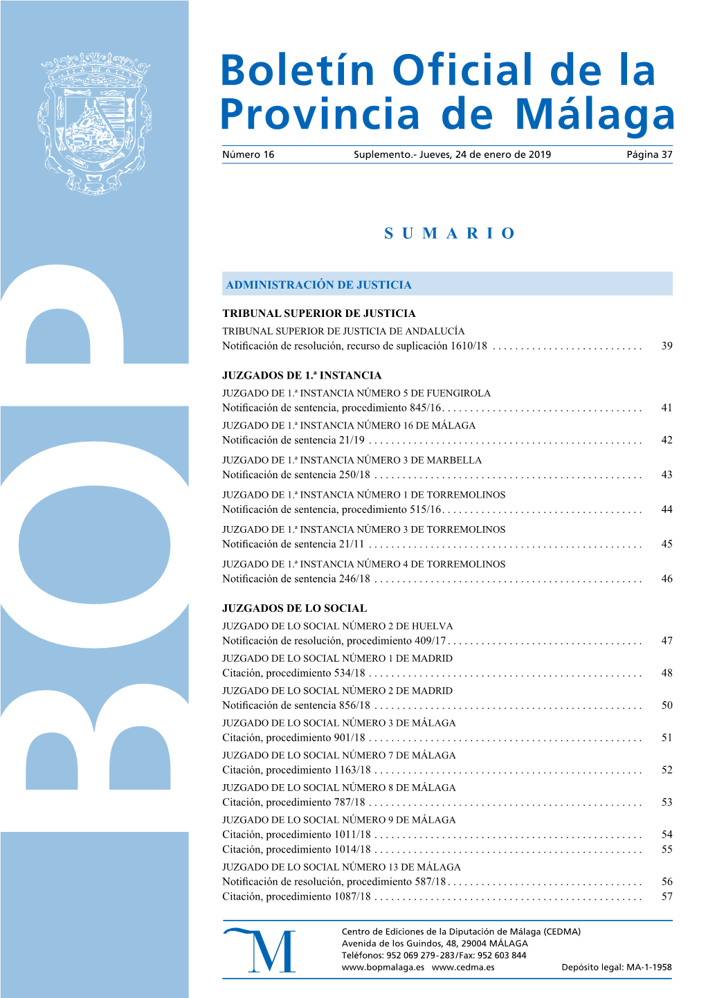 Boletín Oficial De La Provincia De Málaga: BOP 16