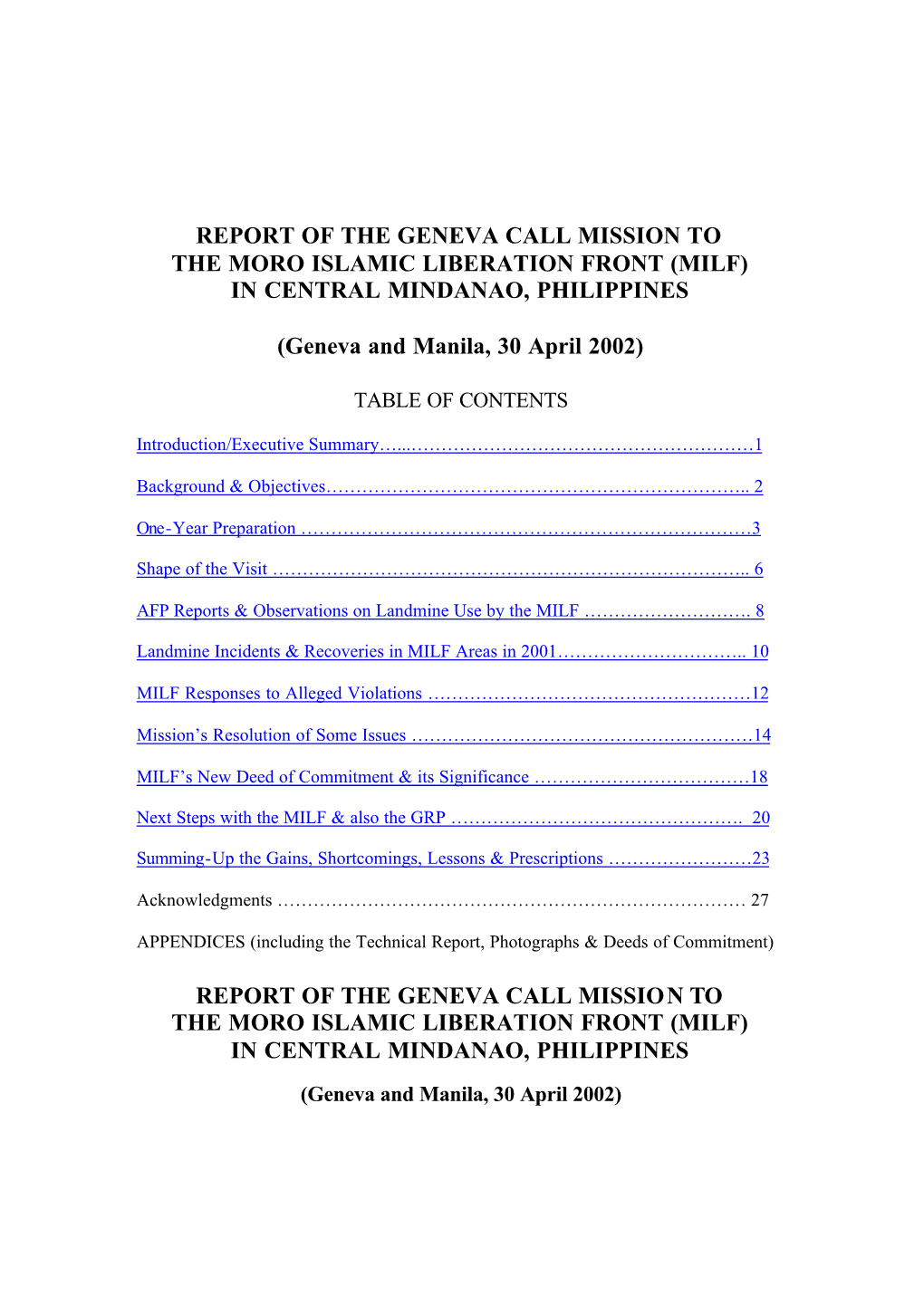 Report of the Geneva Call Mission to the Moro Islamic Liberation Front (Milf) in Central Mindanao, Philippines