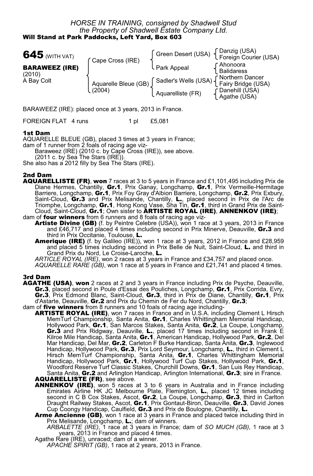 HORSE in TRAINING, Consigned by Shadwell Stud the Property of Shadwell Estate Company Ltd. Will Stand at Park Paddocks, Left Yard, Box 603