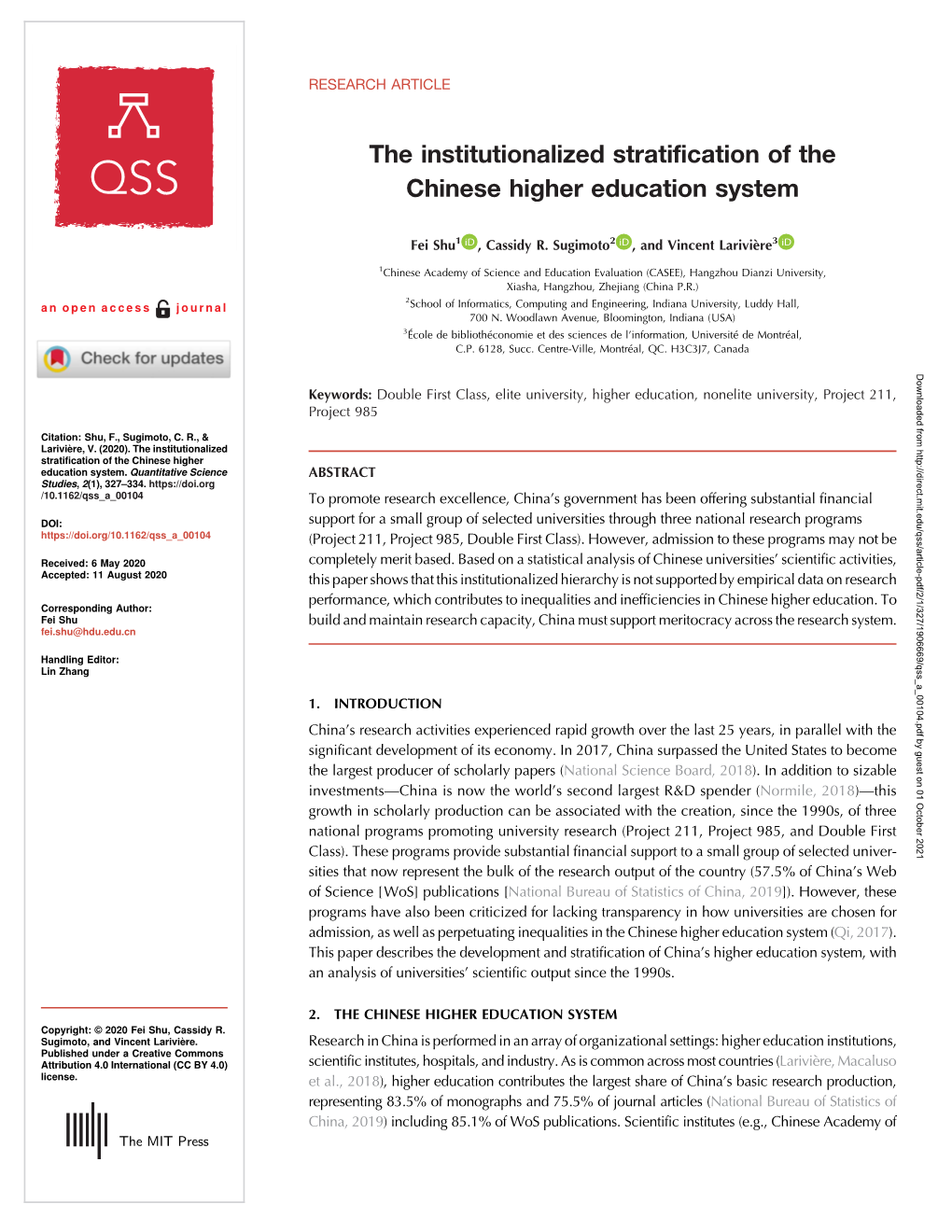 The Institutionalized Stratification of the Chinese Higher Education System