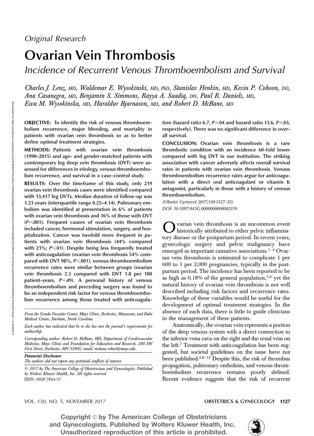 Ovarian Vein Thrombosis Is a Rare 2,8 , Paul R