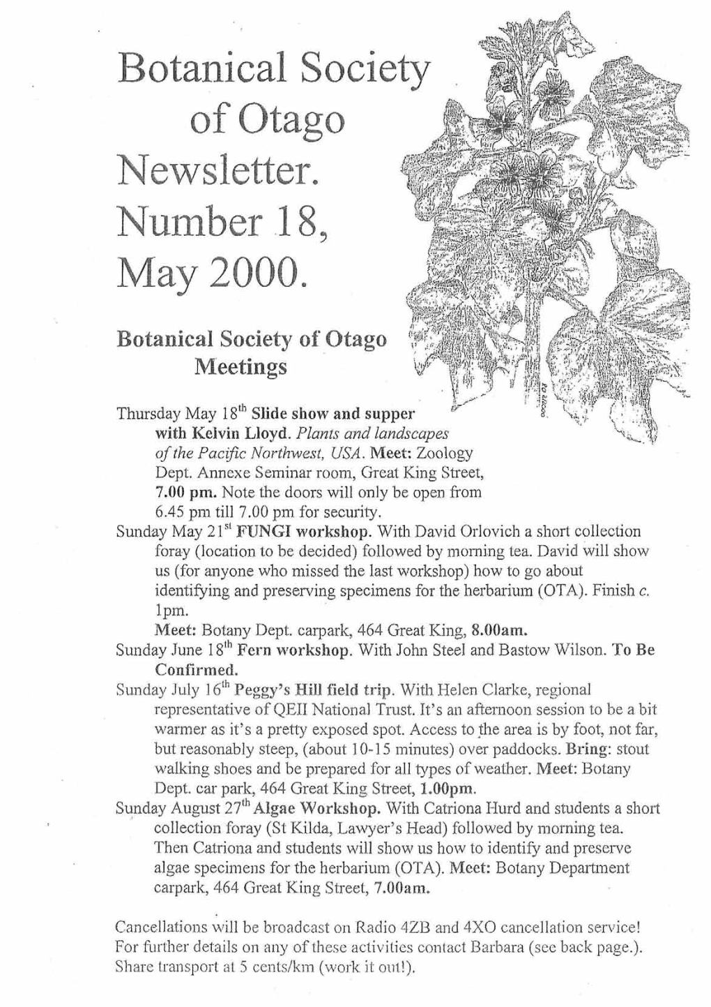 Botanical Society of Otago Newsletter. Number 18, May 2000