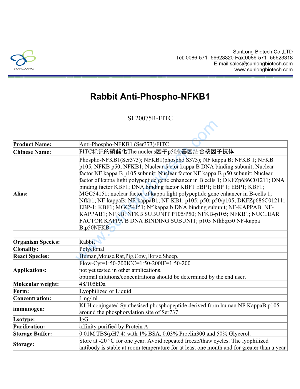 Rabbit Anti-Phospho-NFKB1-SL20075R-FITC