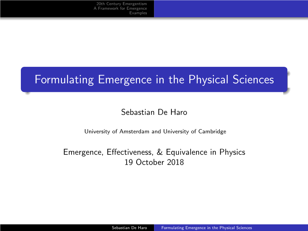 Formulating Emergence in the Physical Sciences