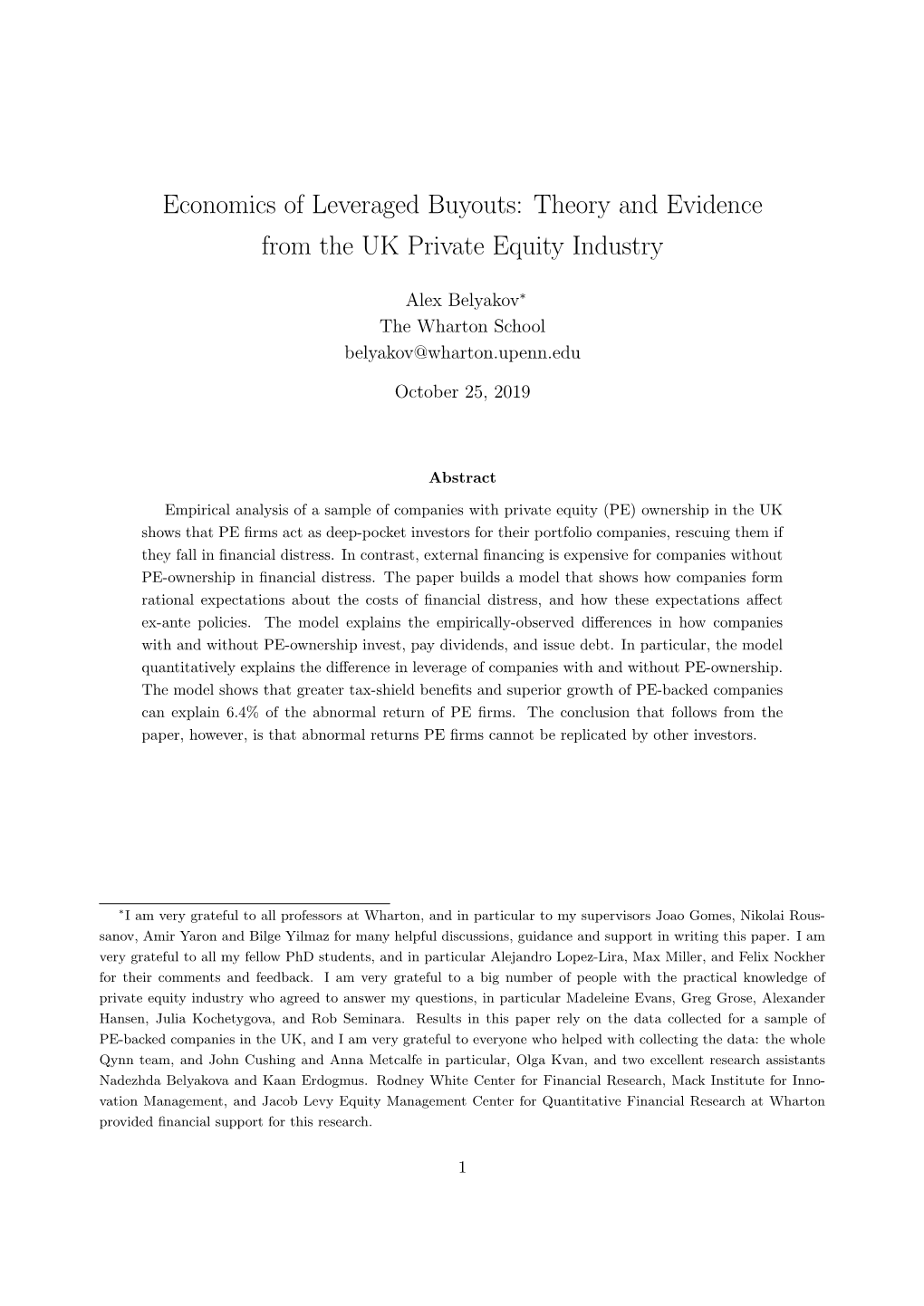 Economics of Leveraged Buyouts: Theory and Evidence from the UK Private Equity Industry