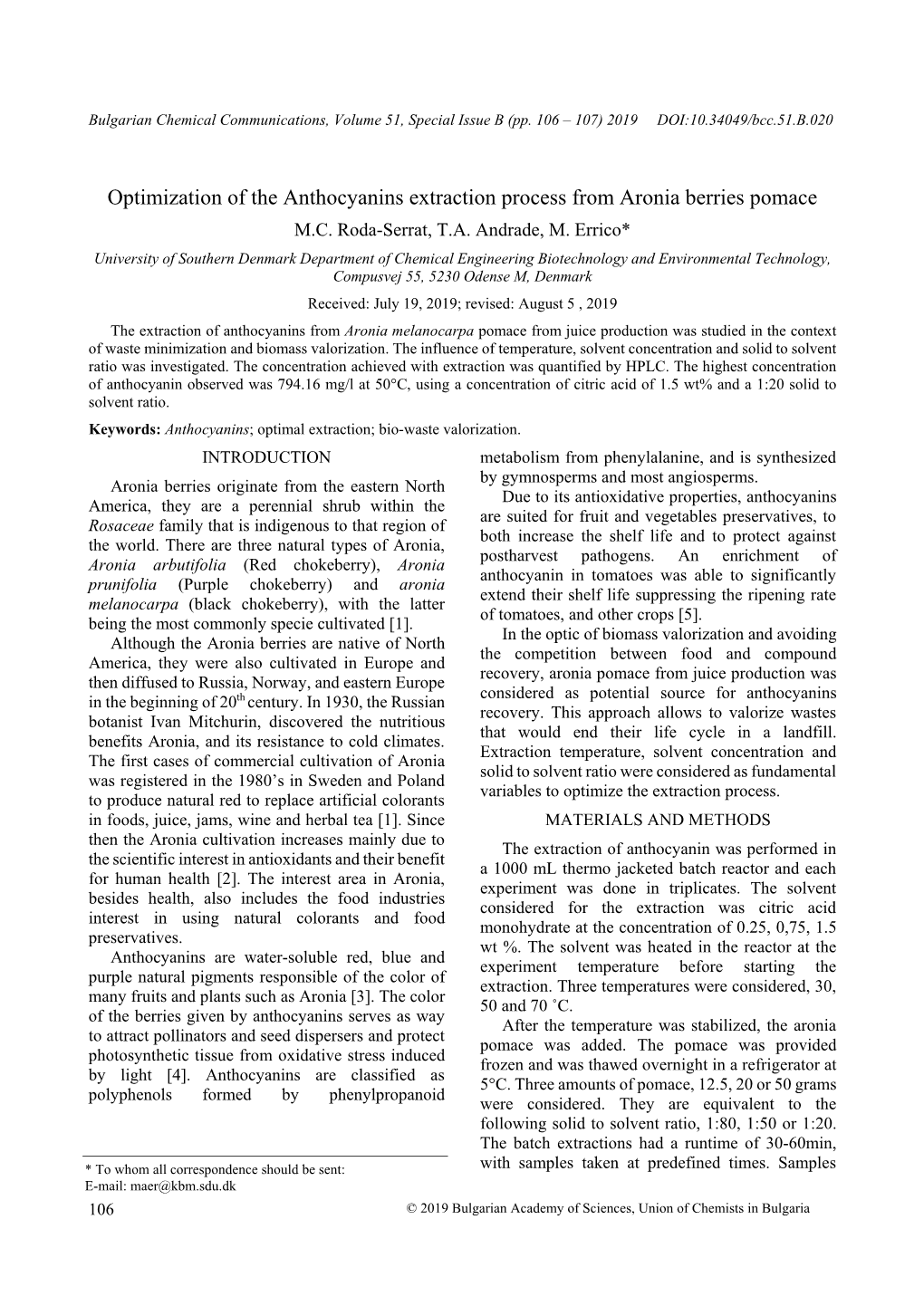 Optimization of the Anthocyanins Extraction Process from Aronia Berries Pomace M.C