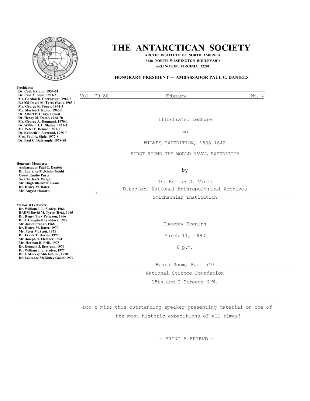 The Antarctican Society Arctic Institute of North America 3426 North Washington Boulevard Arlington, Virginia 22201