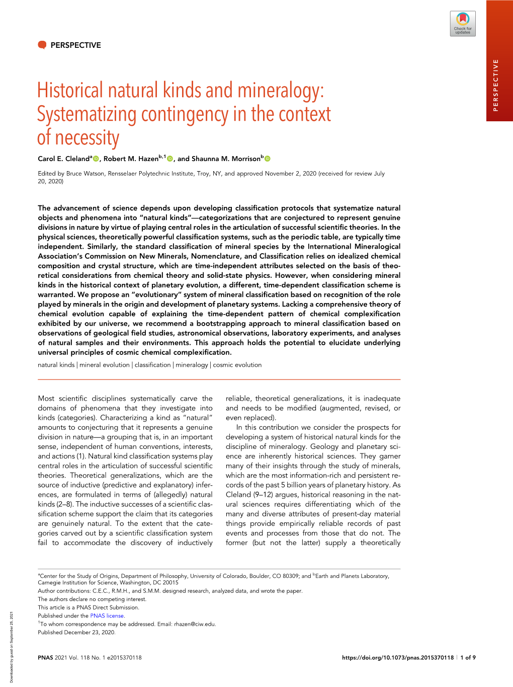 Historical Natural Kinds and Mineralogy: Systematizing Contingency in the Context PERSPECTIVE of Necessity Carol E