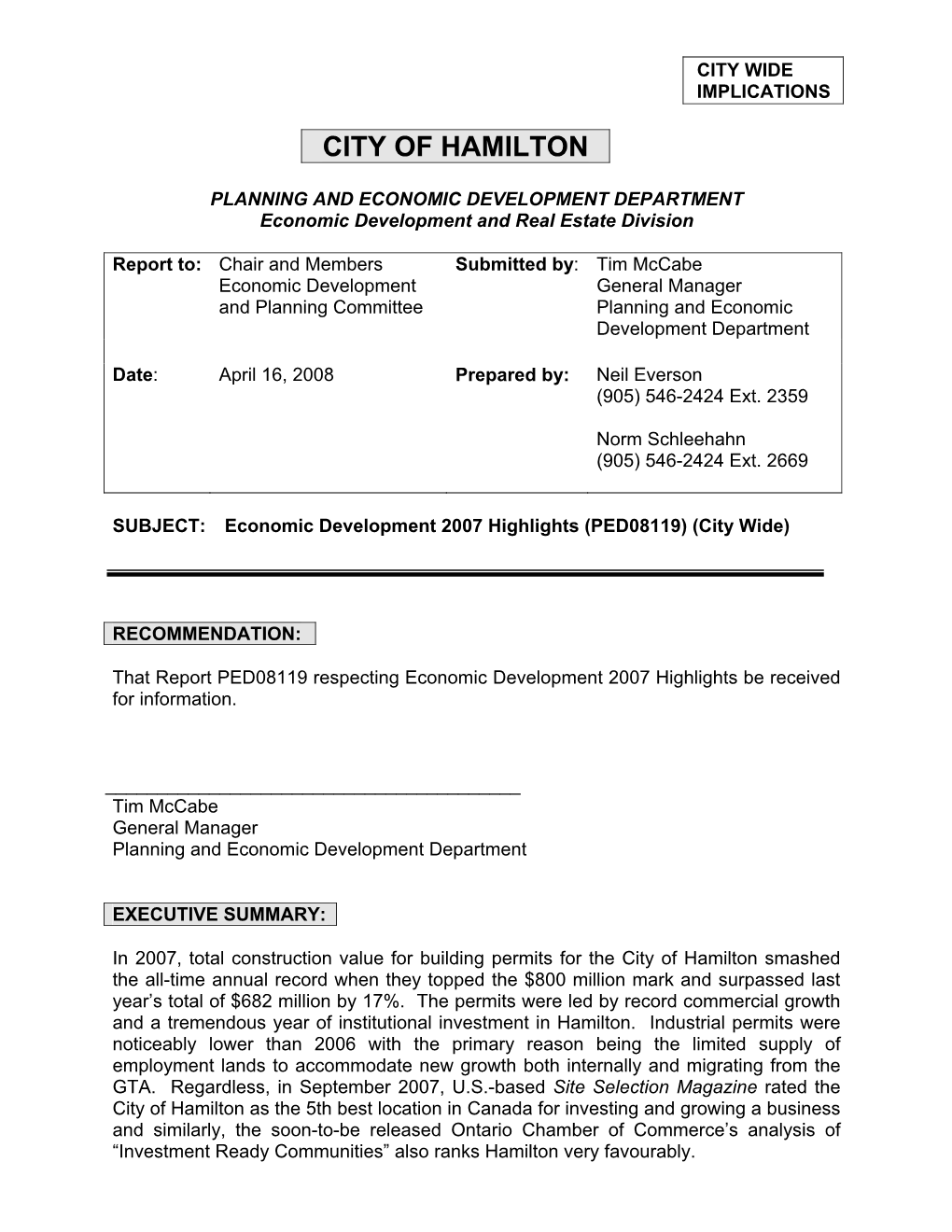 Economic Development 2007 Highlights (PED08119) (City Wide)