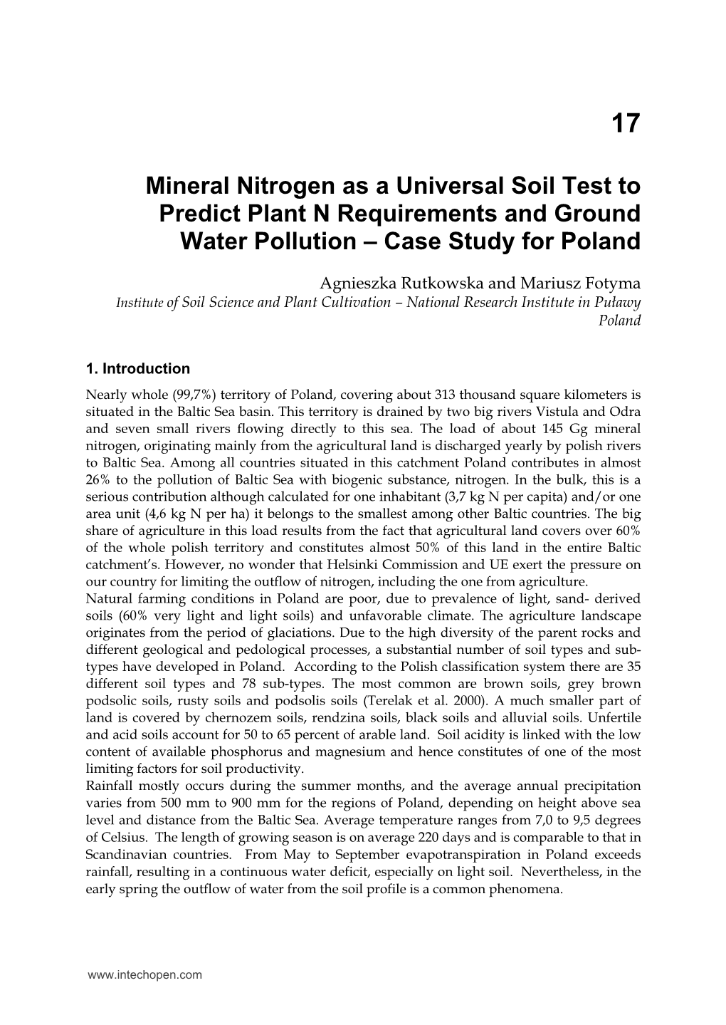 Mineral Nitrogen As a Universal Soil Test to Predict Plant N Requirements and Ground Water Pollution – Case Study for Poland