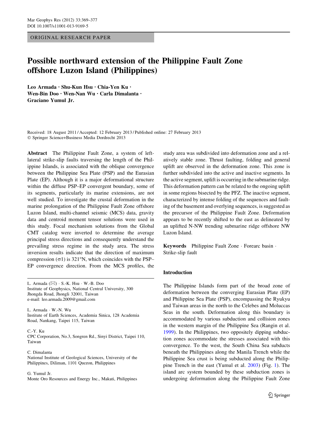 Possible Northward Extension of the Philippine Fault Zone Offshore Luzon Island (Philippines)