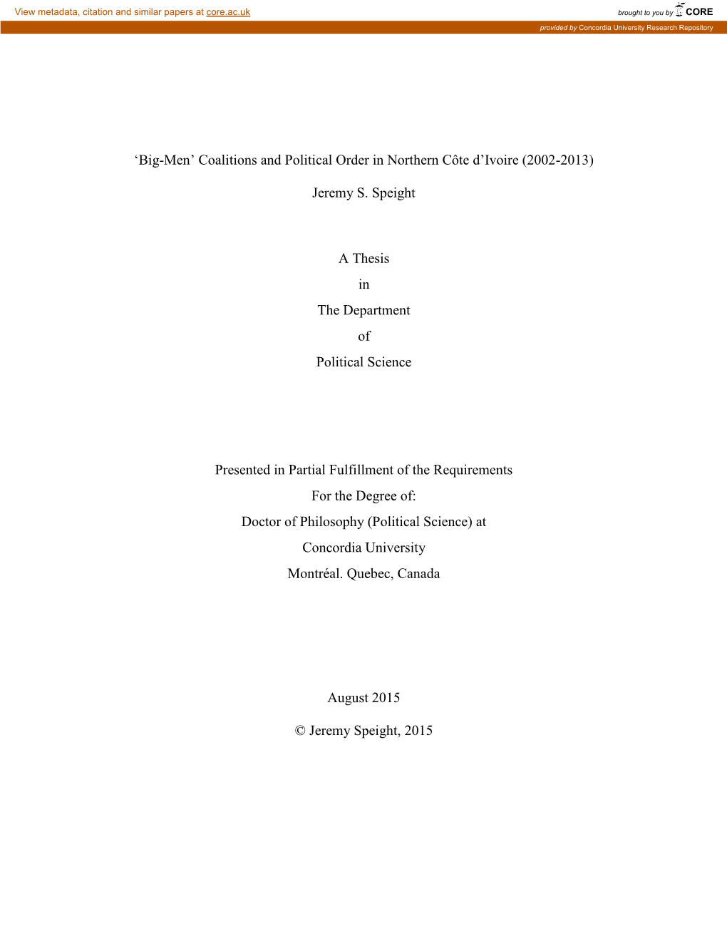 Coalitions and Political Order in Northern Côte D'ivoire