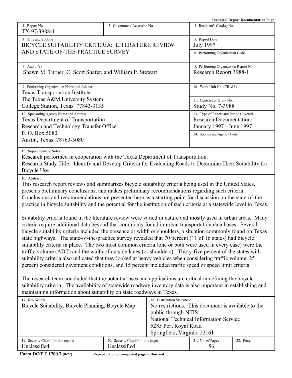 BICYCLE SUITABILITY CRITERIA: LITERATURE REVIEW July 1997 and STATE-OF-THE-PRACTICE SURVEY 6