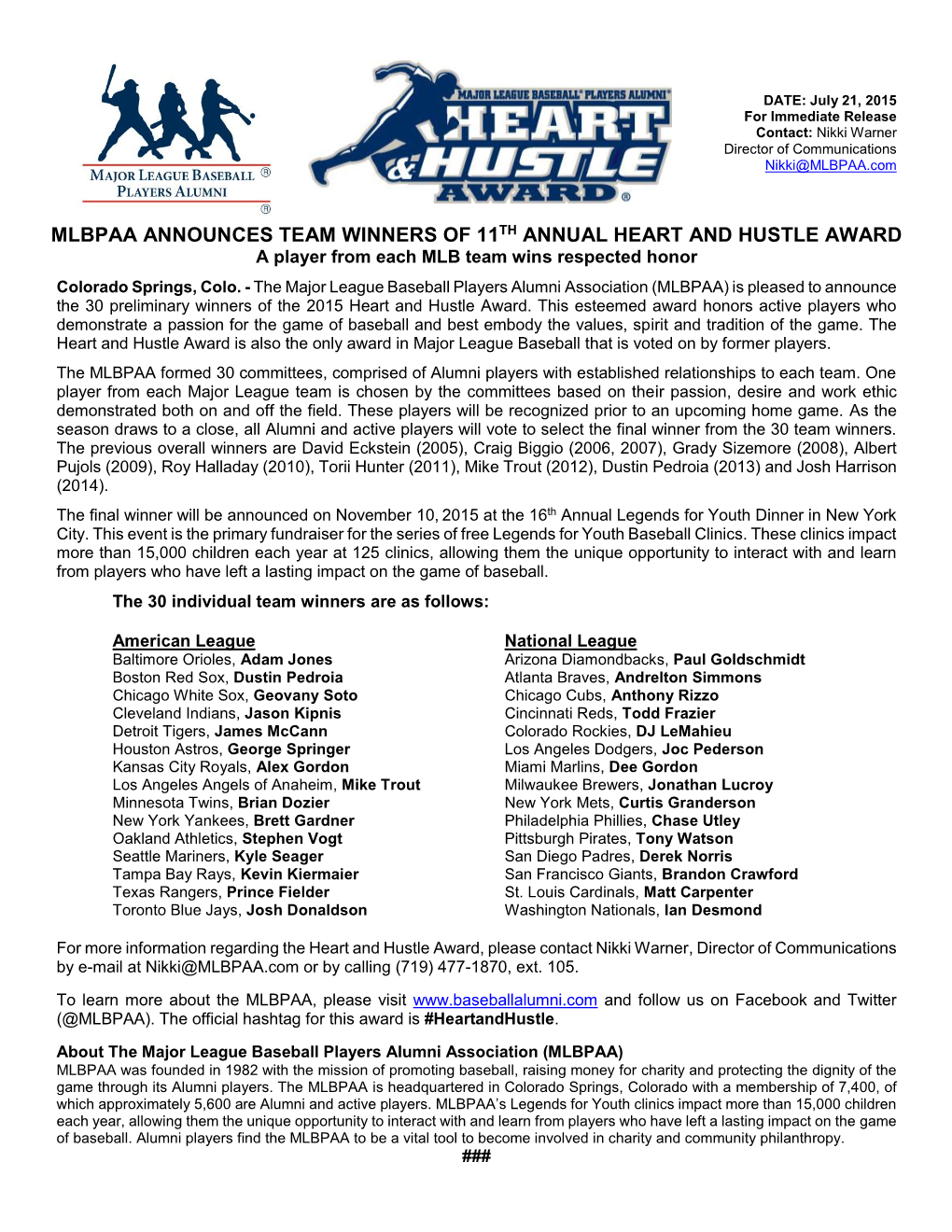 MLBPAA ANNOUNCES TEAM WINNERS of 11TH ANNUAL HEART and HUSTLE AWARD a Player from Each MLB Team Wins Respected Honor
