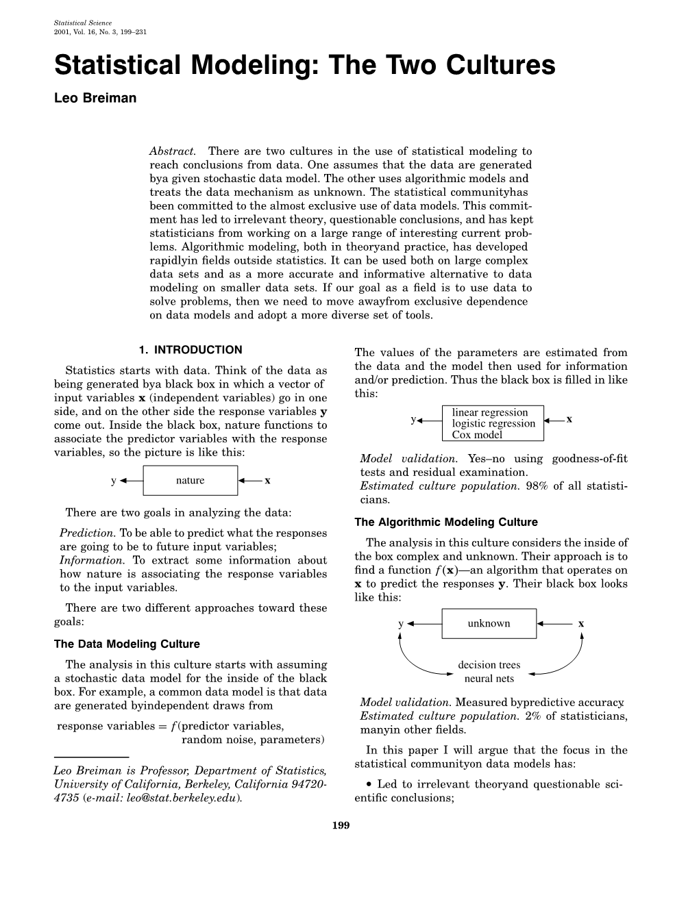 Statistical Modeling: the Two Cultures