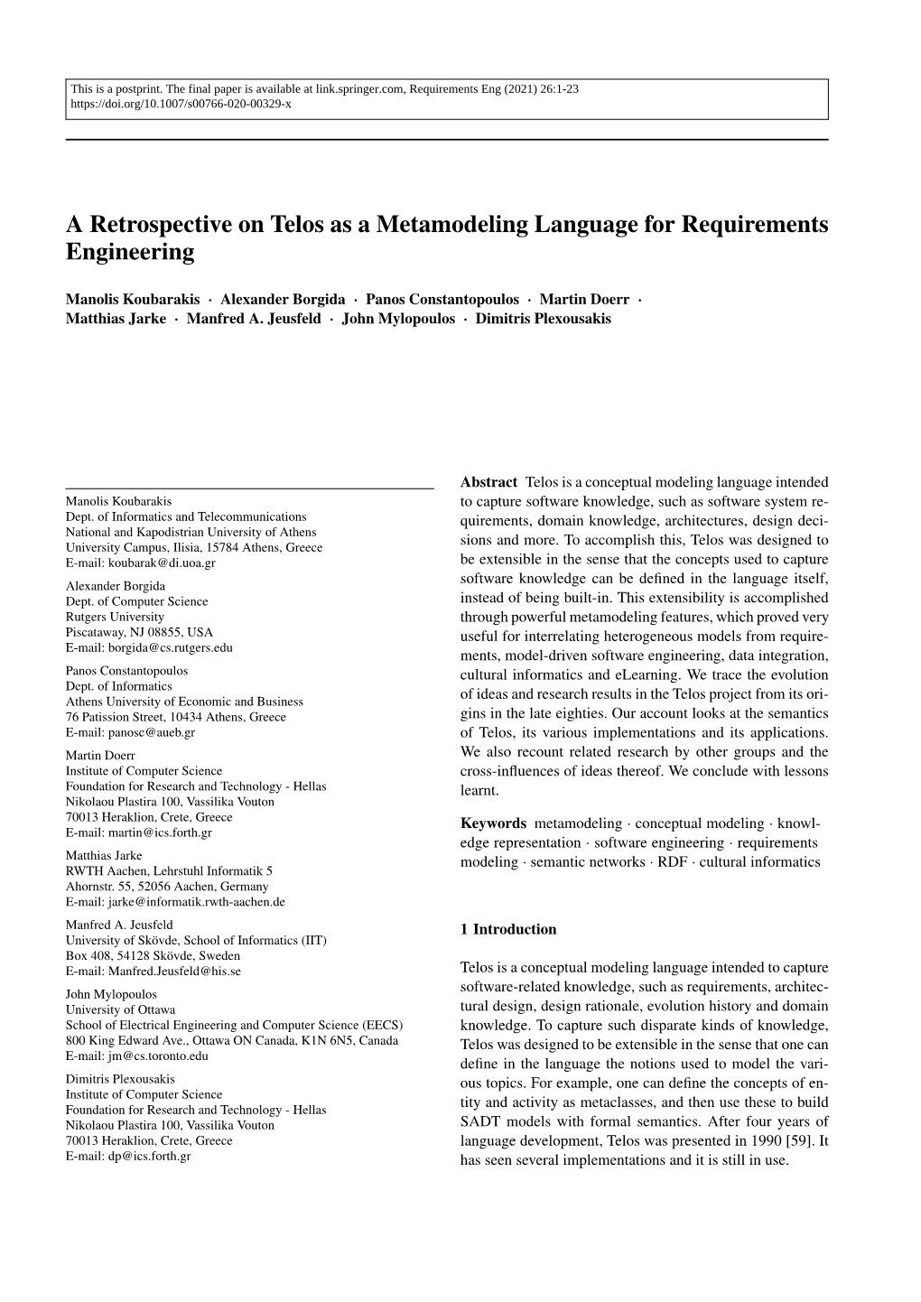 A Retrospective on Telos As a Metamodeling Language for Requirements Engineering