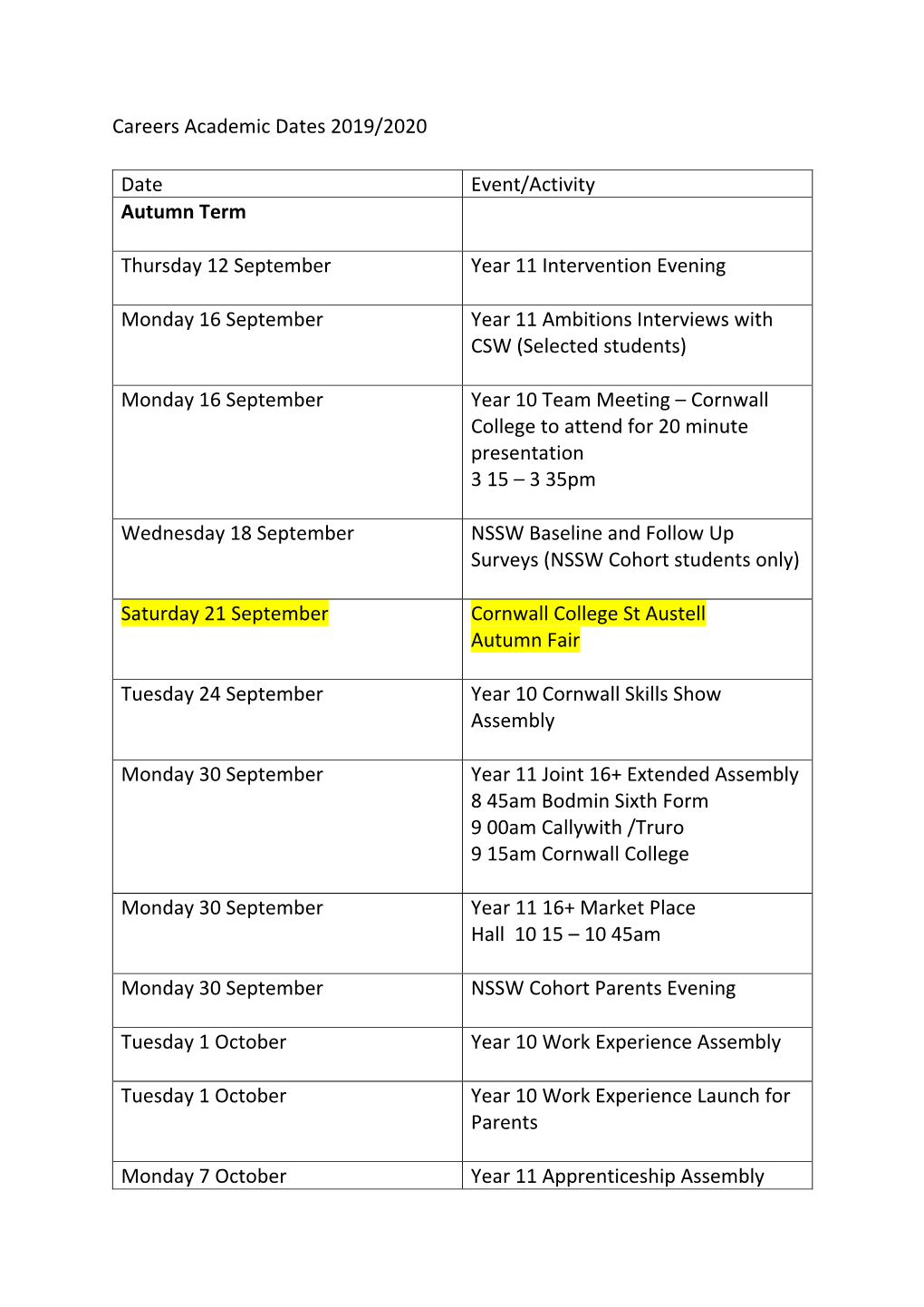 Careers Academic Dates 2019/2020 Date Event