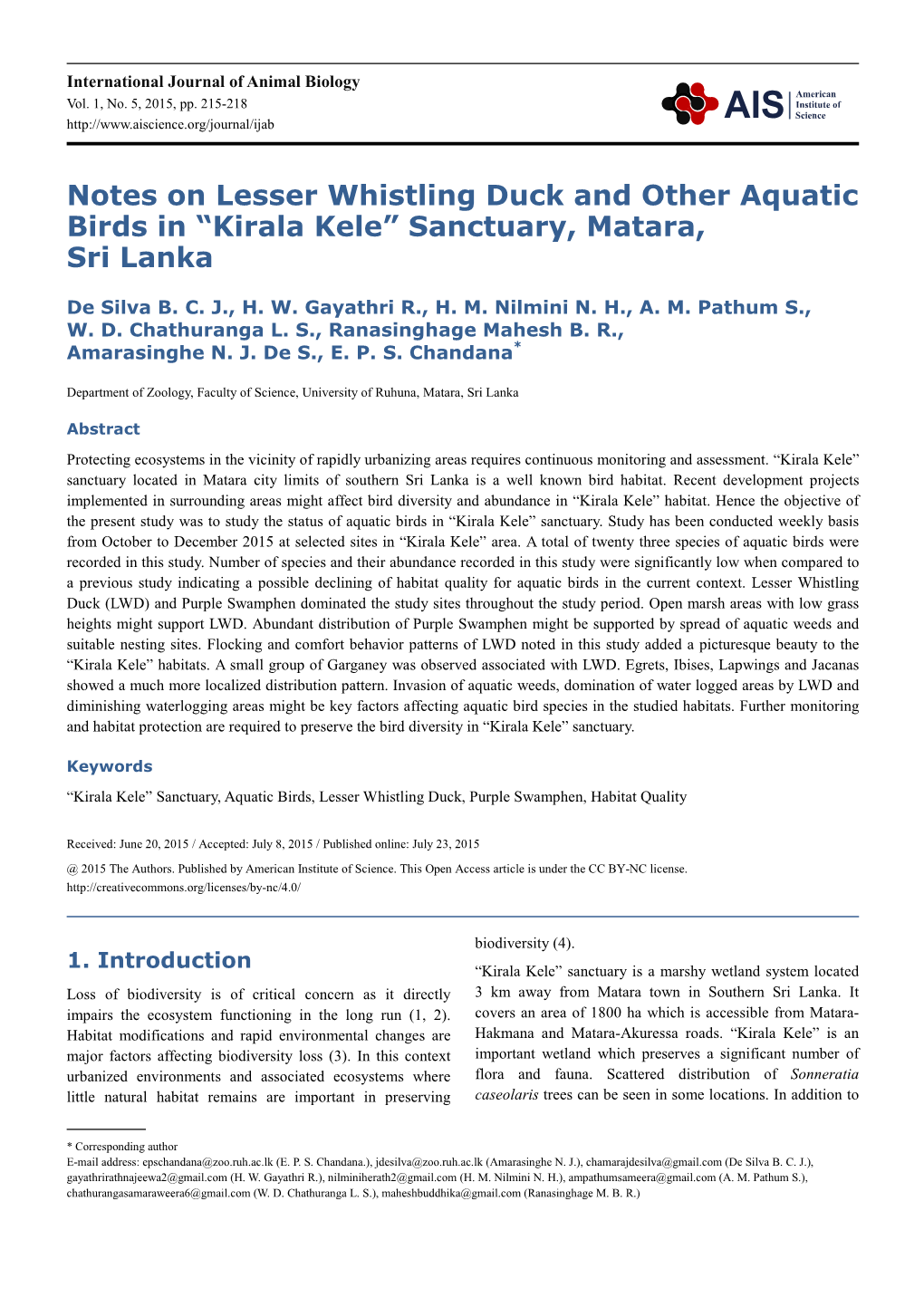 Notes on Lesser Whistling Duck and Other Aquatic Birds in “Kirala Kele” Sanctuary, Matara, Sri Lanka