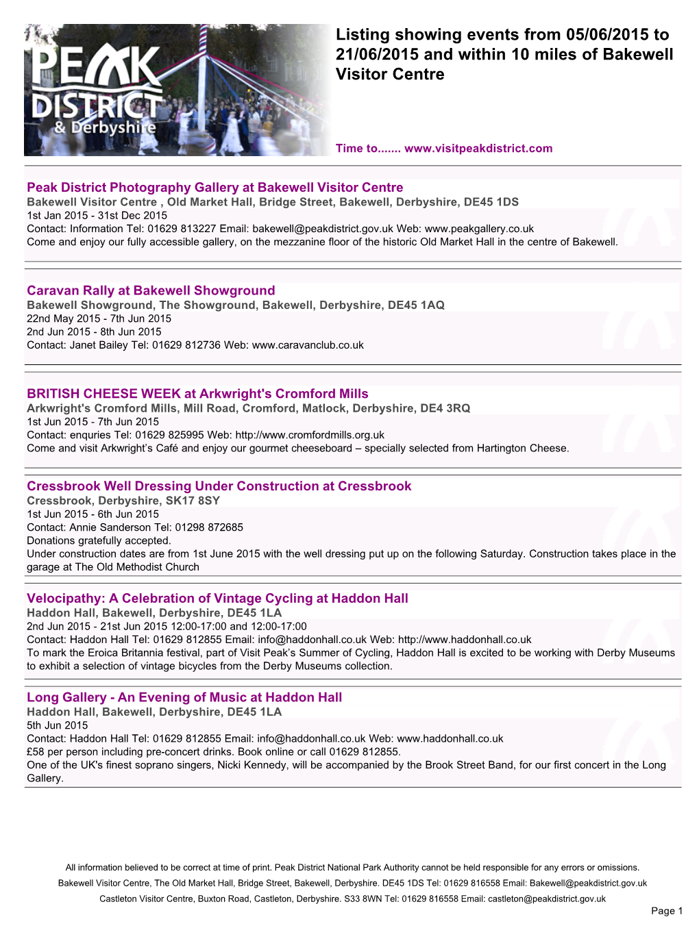 Listing Showing Events from 05/06/2015 to 21/06/2015 and Within 10 Miles of Bakewell Visitor Centre