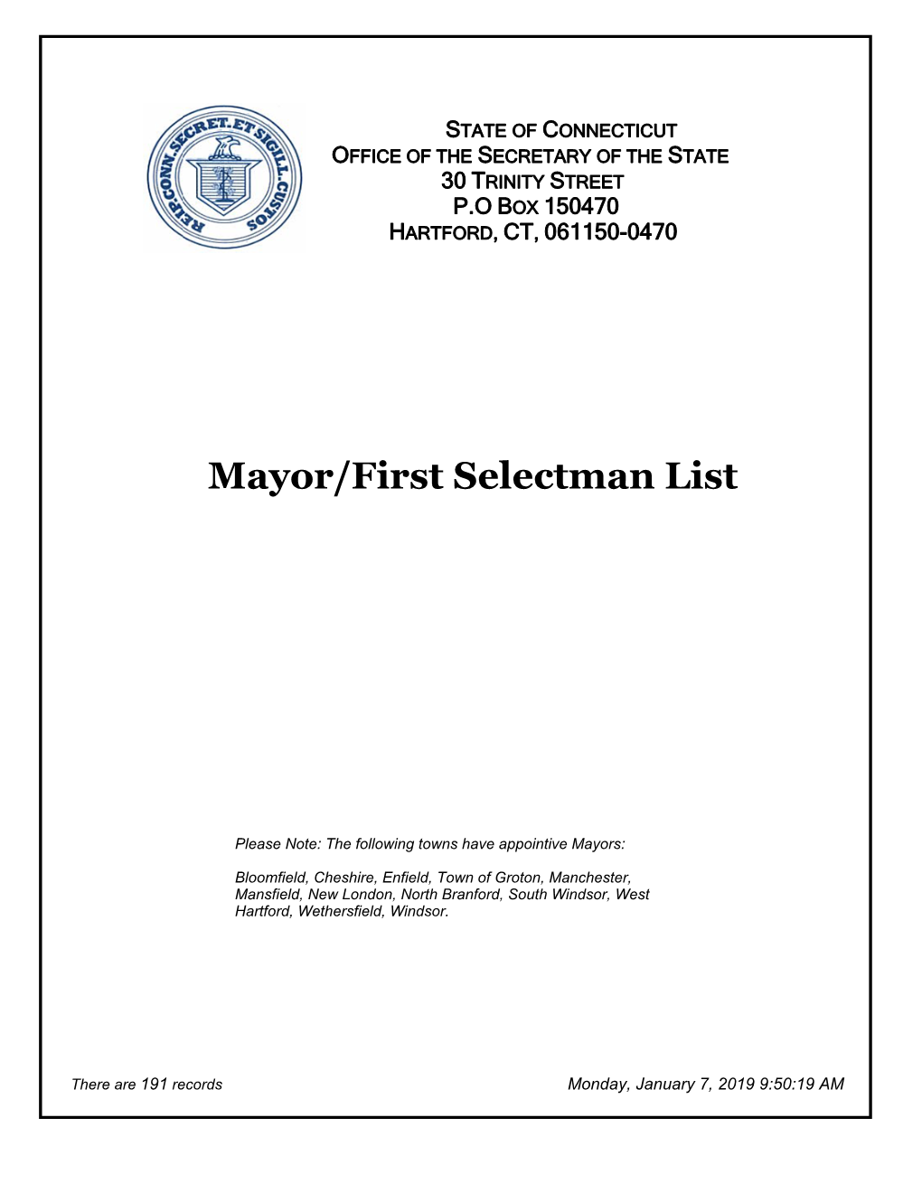 Mayor/First Selectman List