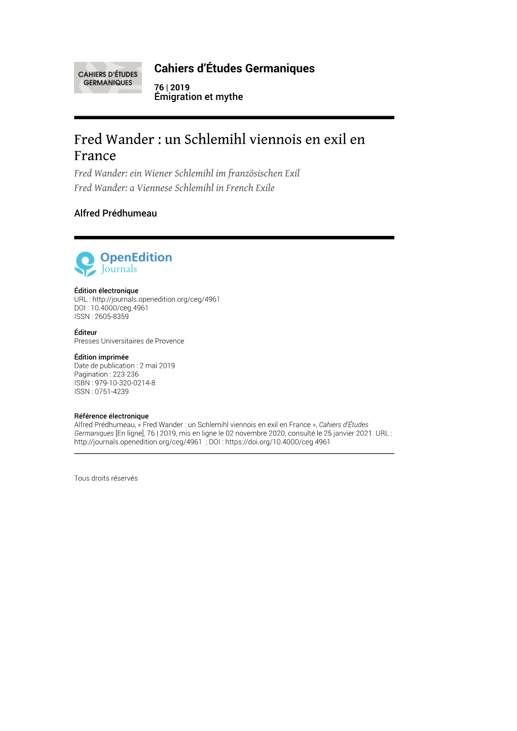 Fred Wander : Un Schlemihl Viennois En Exil En France Fred Wander: Ein Wiener Schlemihl Im Französischen Exil Fred Wander: a Viennese Schlemihl in French Exile