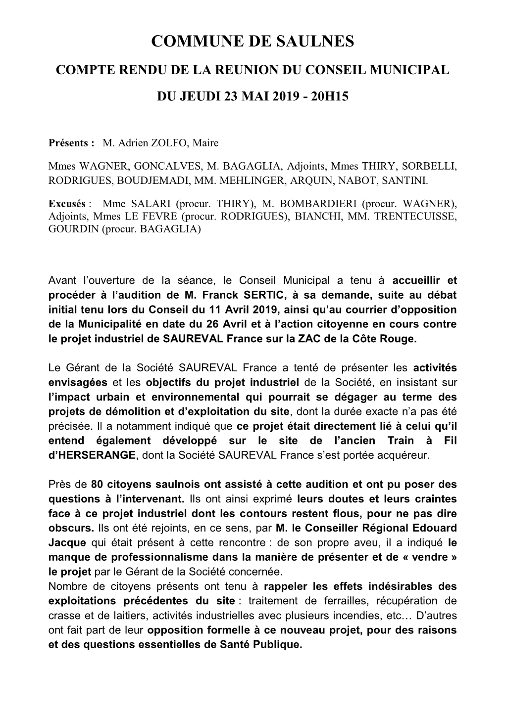 Commune De Saulnes Compte Rendu De La Reunion Du Conseil Municipal Du Jeudi 23 Mai 2019 - 20H15