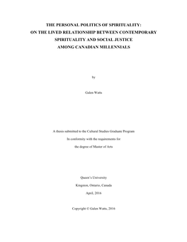 The Personal Politics of Spirituality: on the Lived Relationship Between Contemporary Spirituality and Social Justice Among Canadian Millennials