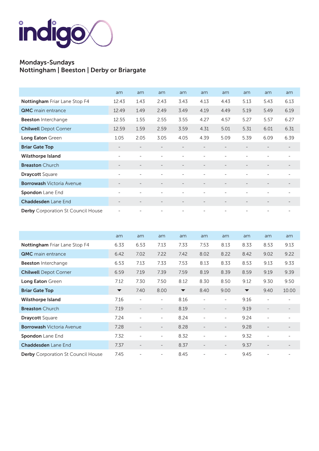 Mondays-Sundays Nottingham | Beeston | Derby Or Briargate