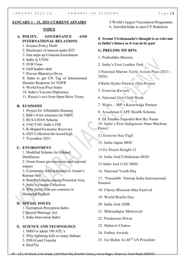 31, 2021 CURRENT AFFAIRS INDEX A. POLITY, GOVERNANCE and INTERNATIONAL RELATIONS 1. Science Policy Draft 2. Disclo