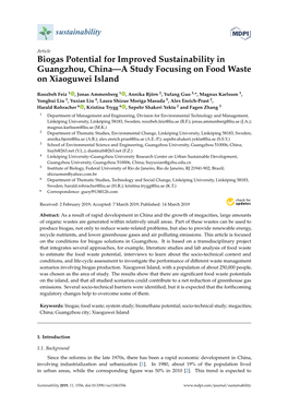 Biogas Potential for Improved Sustainability in Guangzhou, China—A Study Focusing on Food Waste on Xiaoguwei Island
