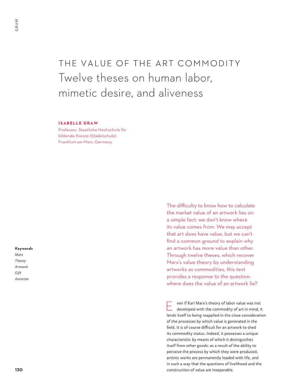 The Value of the Art Commodity Twelve Theses on Human Labor, Mimetic Desire, and Aliveness