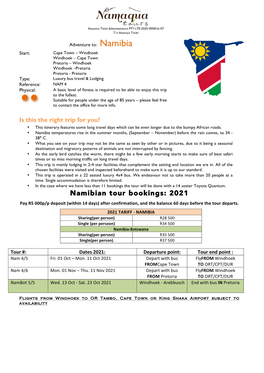 Namibian Tour Bookings: 2021