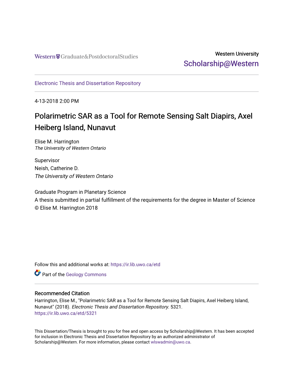 Polarimetric SAR As a Tool for Remote Sensing Salt Diapirs, Axel Heiberg Island, Nunavut