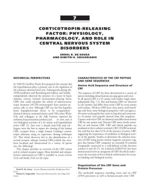 Corticotropin-Releasing Factor: Physiology, Pharmacology, and Role in Central Nervous System Disorders