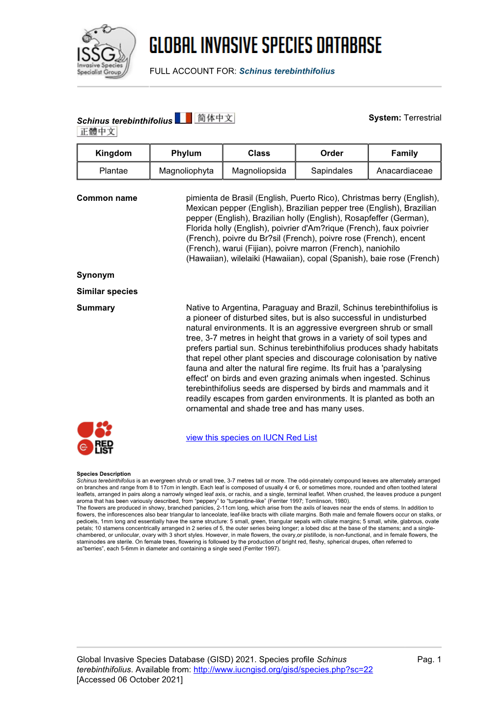 Schinus Terebinthifolius Global Invasive Species Database (GISD)