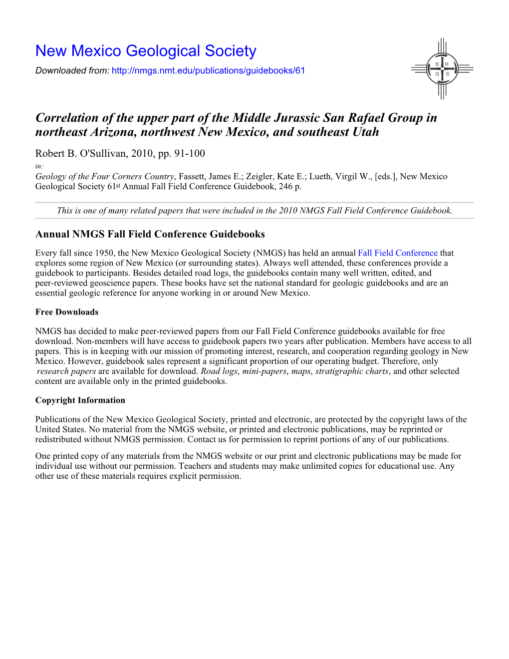 Correlation of the Upper Part of the Middle Jurassic San Rafael Group in Northeast Arizona, Northwest New Mexico, and Southeast Utah Robert B