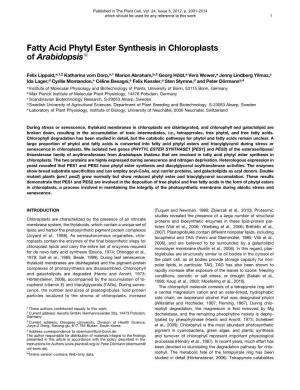 Fatty Acid Phytyl Ester Synthesis in Chloroplasts of Arabidopsisw