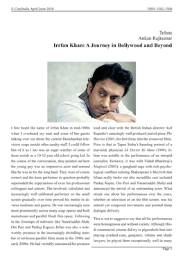 Ankan Rajkumar– Irrfan Khan a Journey in Bollywood and Beyond
