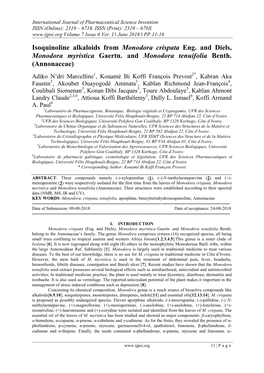 Isoquinoline Alkaloids from Monodora Crispata Eng. and Diels, Monodora Myristica Gaertn