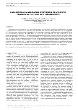 Potassium Silicate Foliar Fertilizer Grade from Geothermal Sludge and Pyrophyllite