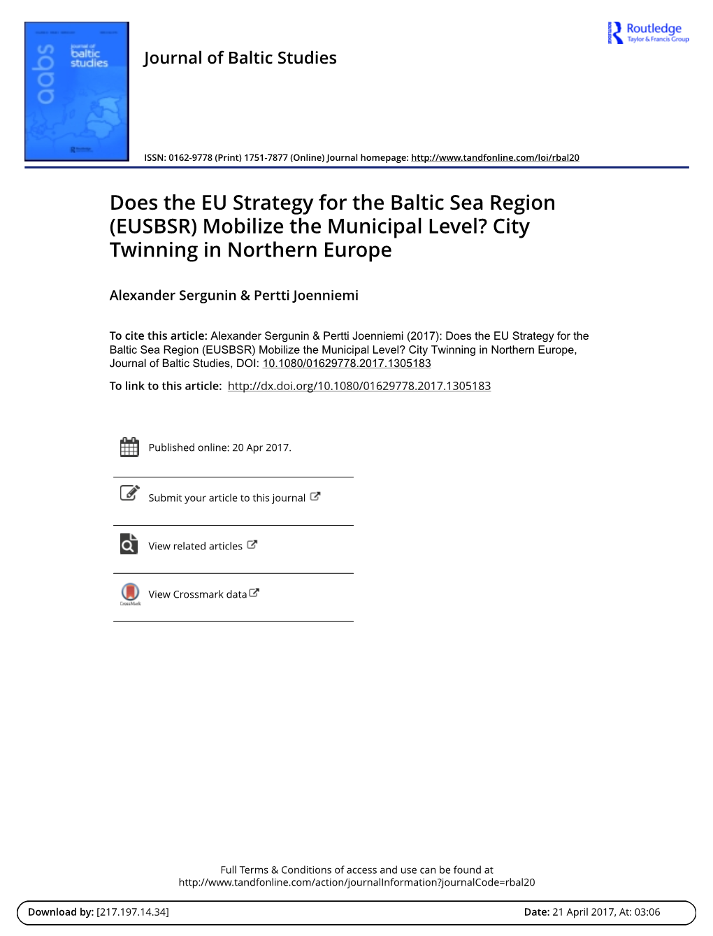 Does the EU Strategy for the Baltic Sea Region (EUSBSR) Mobilize the Municipal Level? City Twinning in Northern Europe
