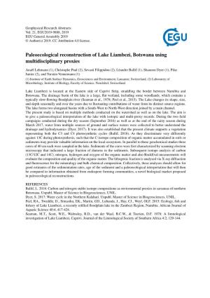 Paleoecological Reconstruction of Lake Liambezi, Botswana Using Multidisciplinary Proxies