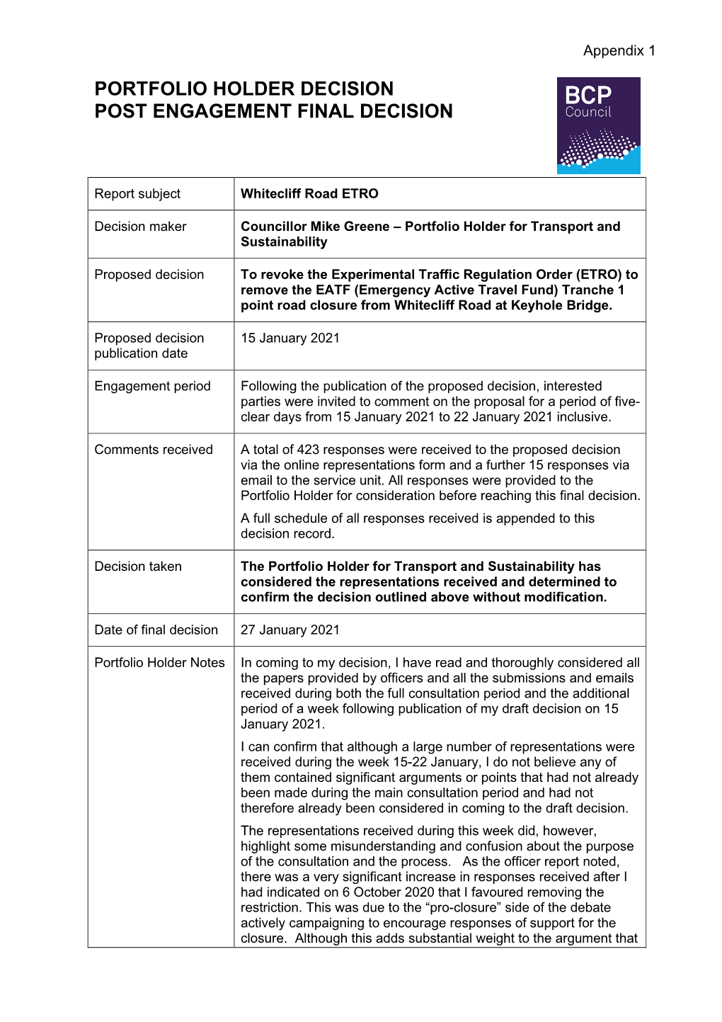 Portfolio Holder Decision Post Engagement Final Decision